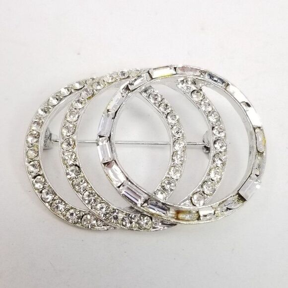 Vintage Triple Ring Silver Tone Rhinestone Brooch, Missing Stones, Estate - Picture 6 of 6